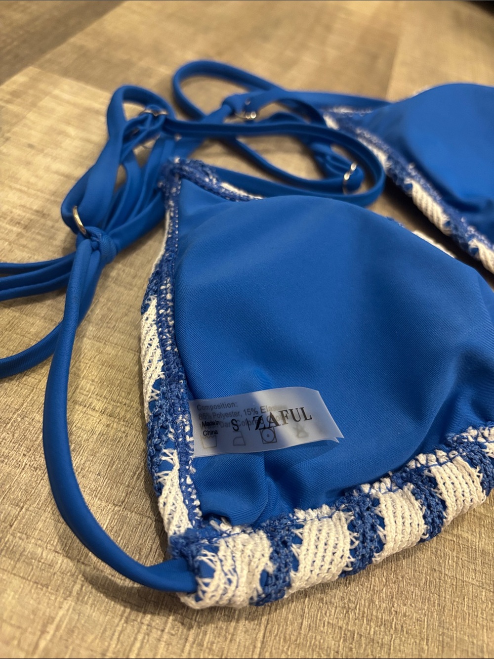 Striped Blue & White Crochet Tie-Side Bikini - Picture 3 of 4